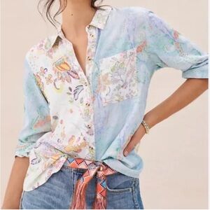 Pilcro The Romy Relaxed Multicolor Floral Button Down Shirt Silk Sz S